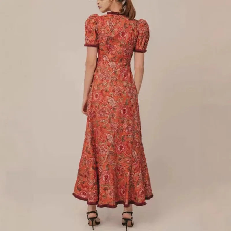 Robe Longue Rétro à Imprimé Fleuri avec Lacets et Col en V