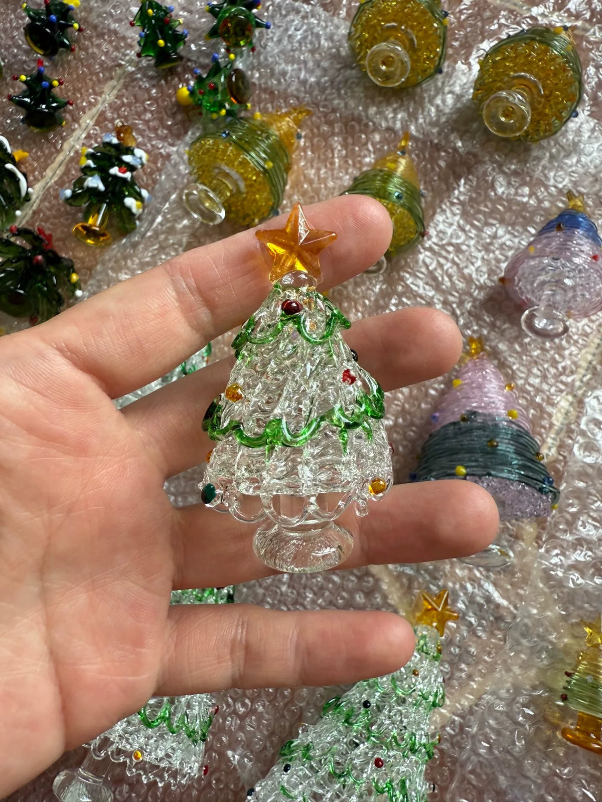 Glass Christmas Tree Figurines with Green Swirls