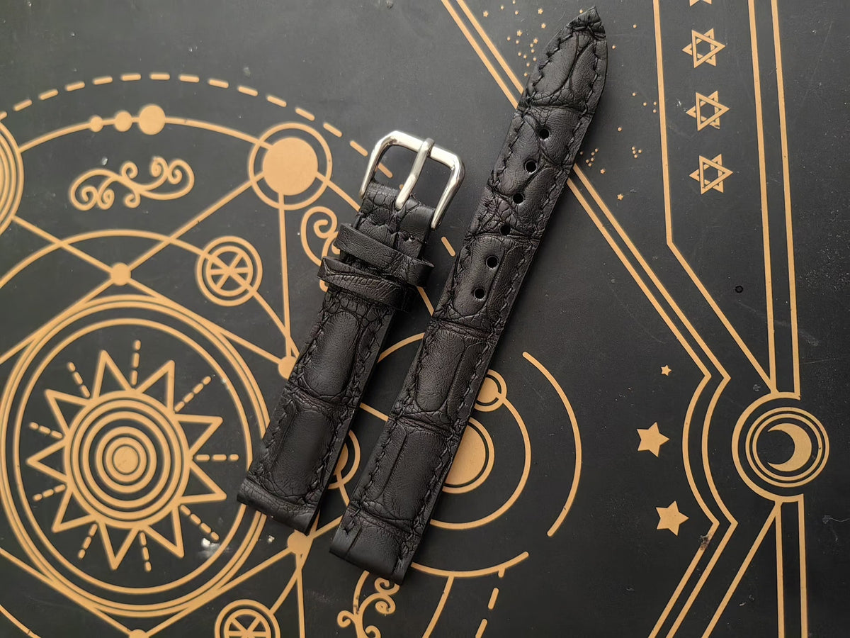 Crocodile Embossed Leather Watch Strap Black 16-14mm