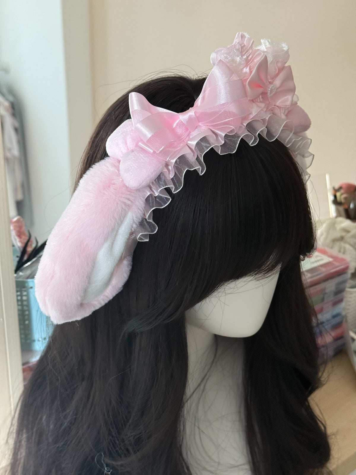 Pink Plush Bunny Ear Headband with Bow