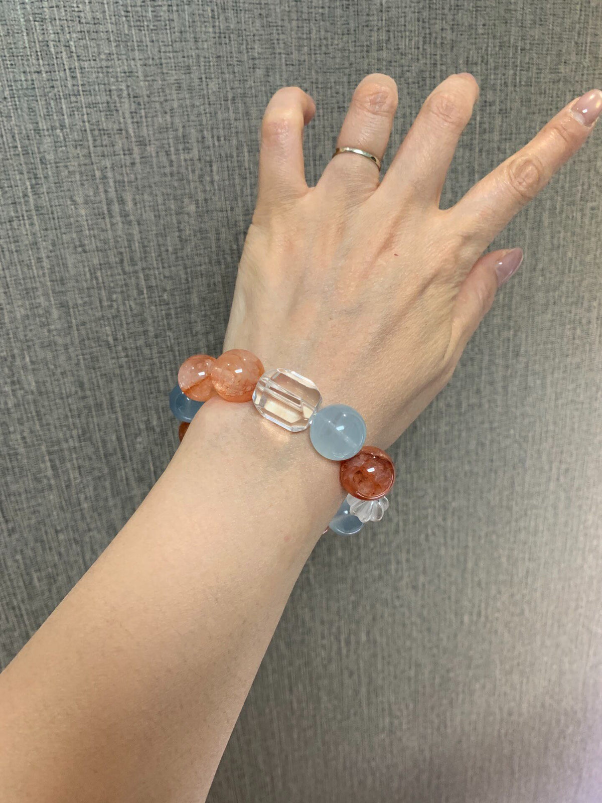 Orange Red Agate Aquamarine Crystal Bracelet