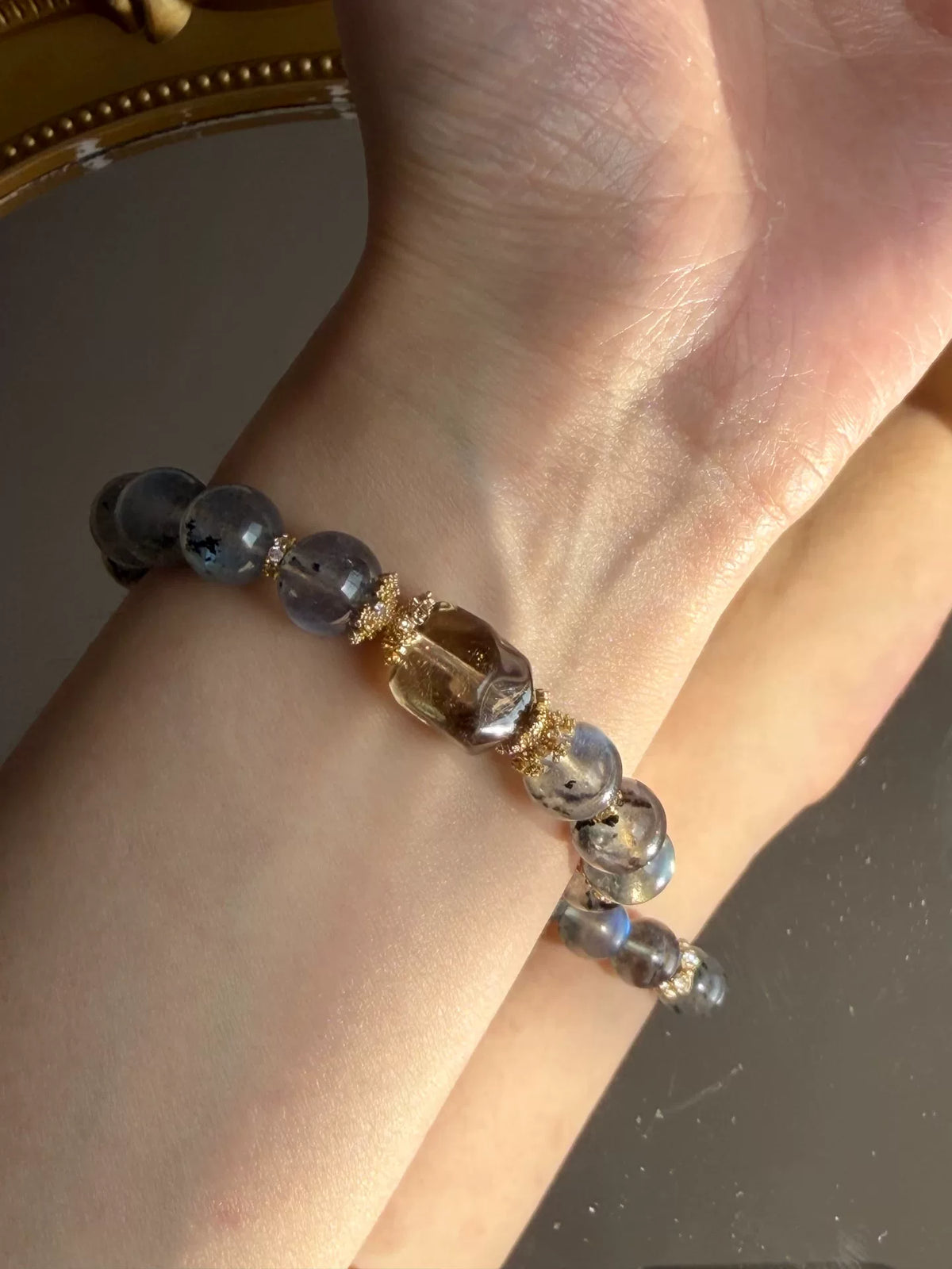 Gray Moonstone and Smoky Quartz Crystal Bracelet