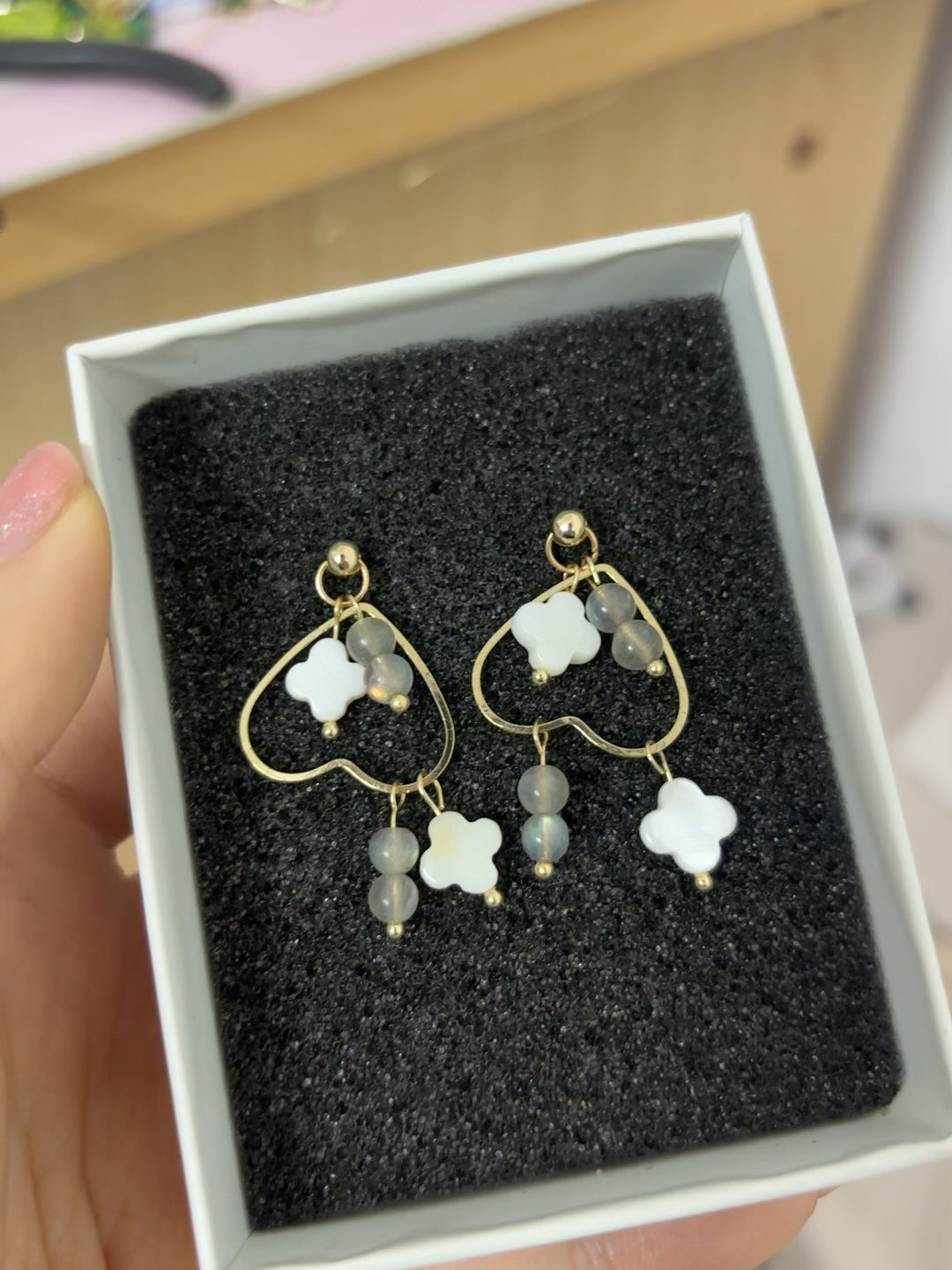 Handmade Gold Heart White Flower Earrings