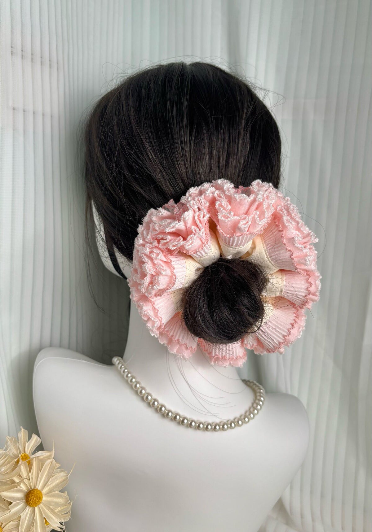 Pink Lace Ruffle Hydrangea Hair Scrunchie