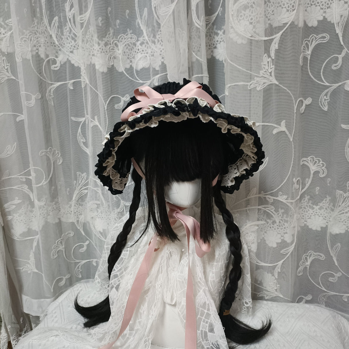 Lolita Black Bonnet Headband with Pink Ribbon