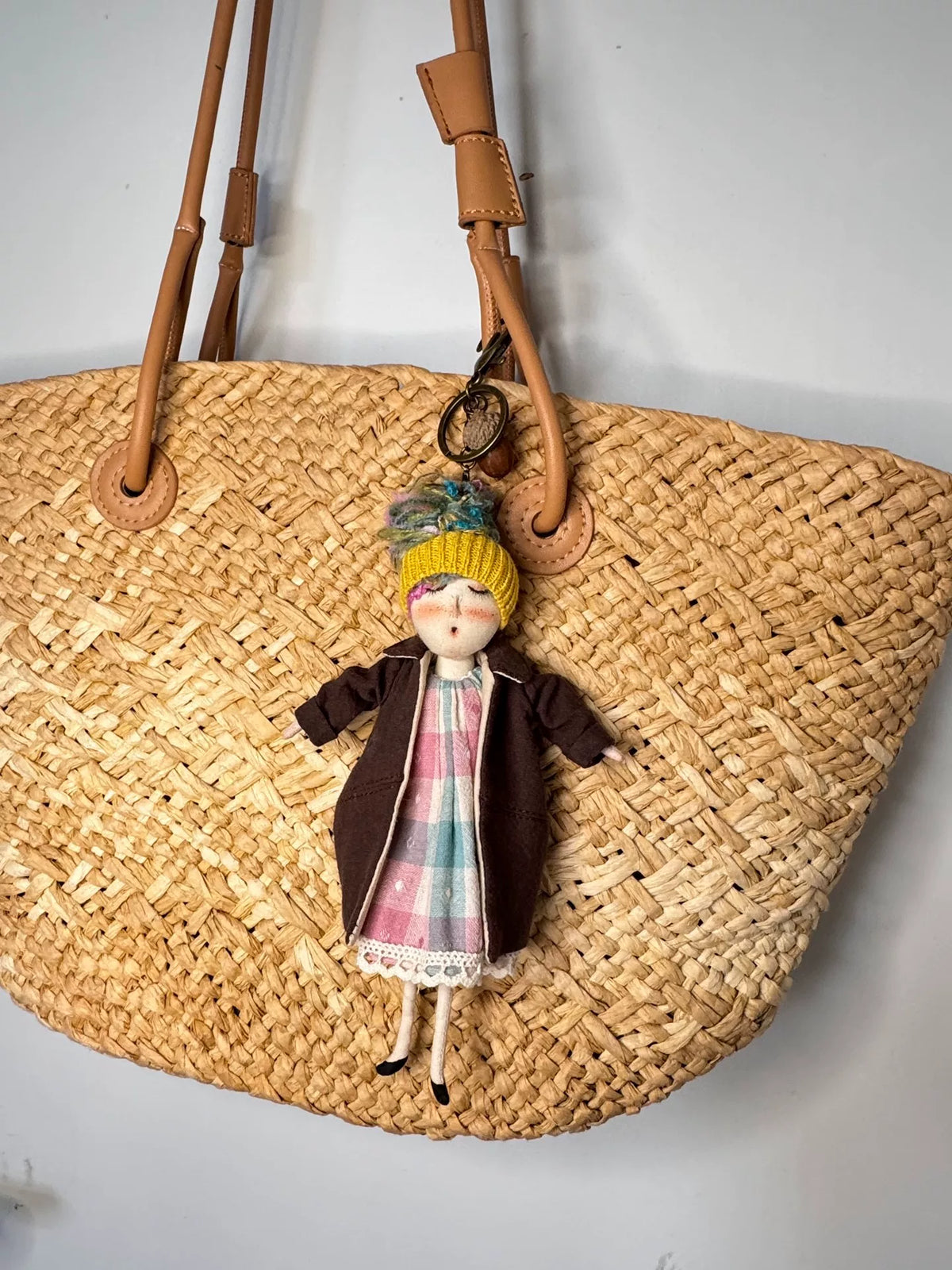 Handmade Fabric Doll Keychain with Yellow Beanie