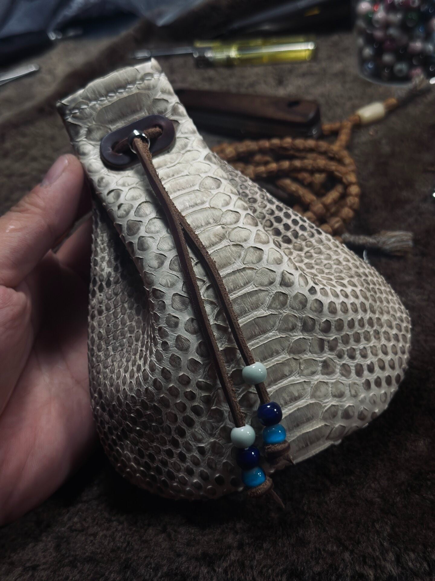 Handmade Leather Dragon Scale Pouch with Drawstring Closure