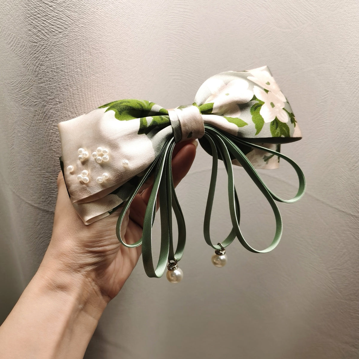 Pure Silk Bow Clip with Pearl Accents