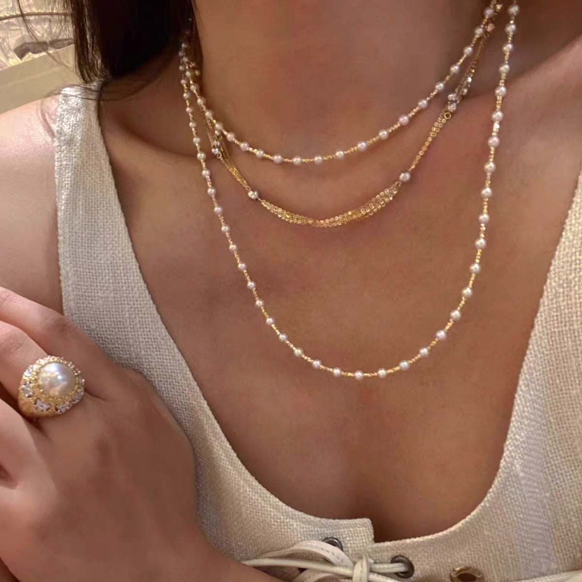 Natural Freshwater Pearl Gold Bead Long Necklace