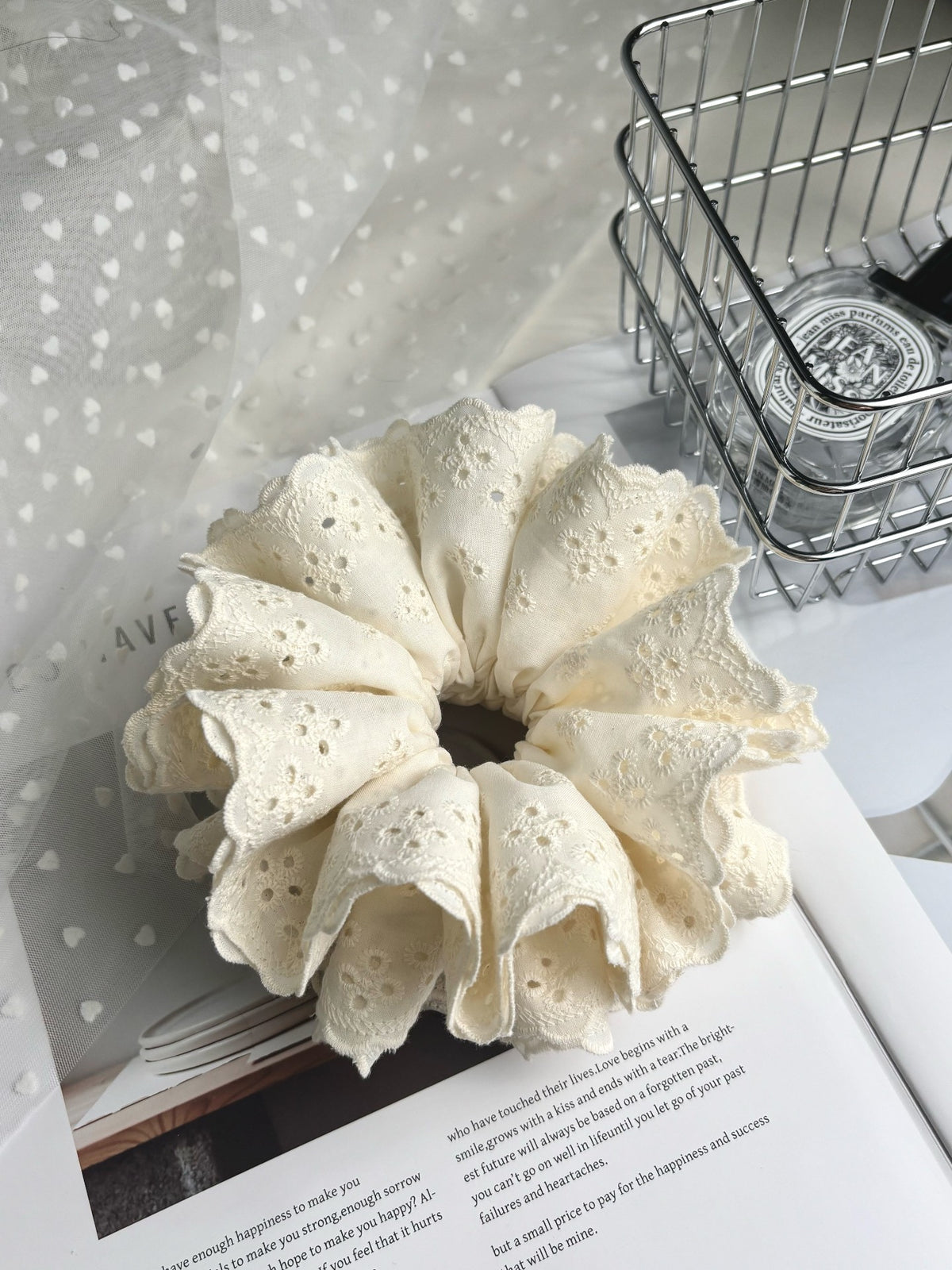 Oversized Off White Lace Ruffle Scrunchie