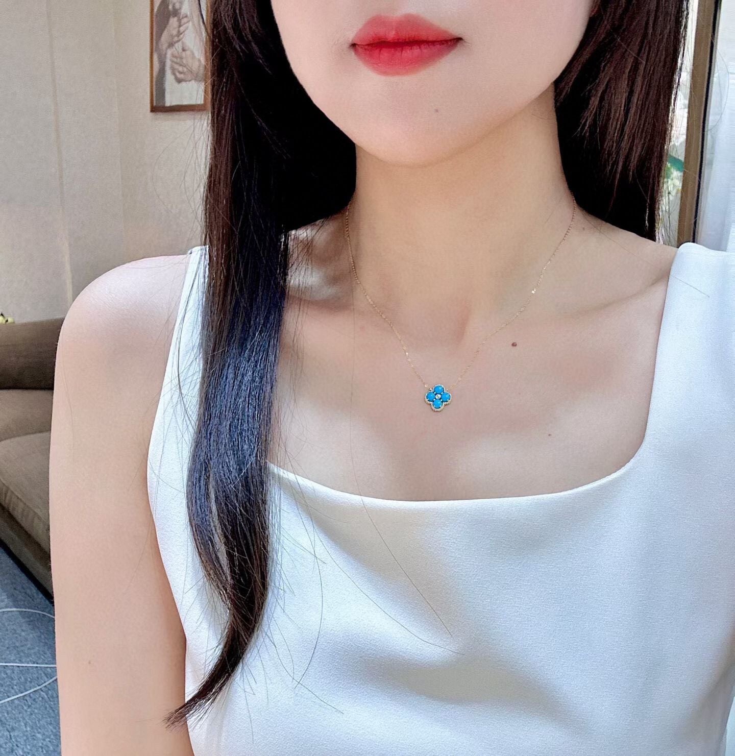 18K Gold Four-Leaf Clover Necklace with 4mm Blue Stones and Center Diamond