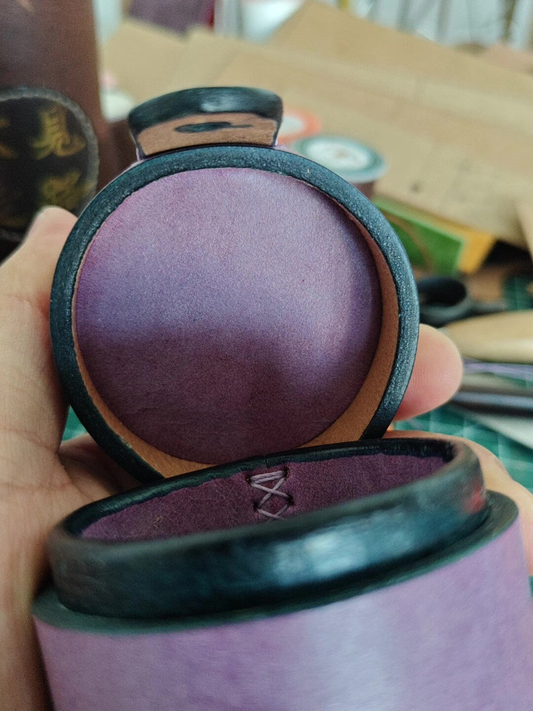 Handcrafted Leather Cylinder Jewelry Storage Box