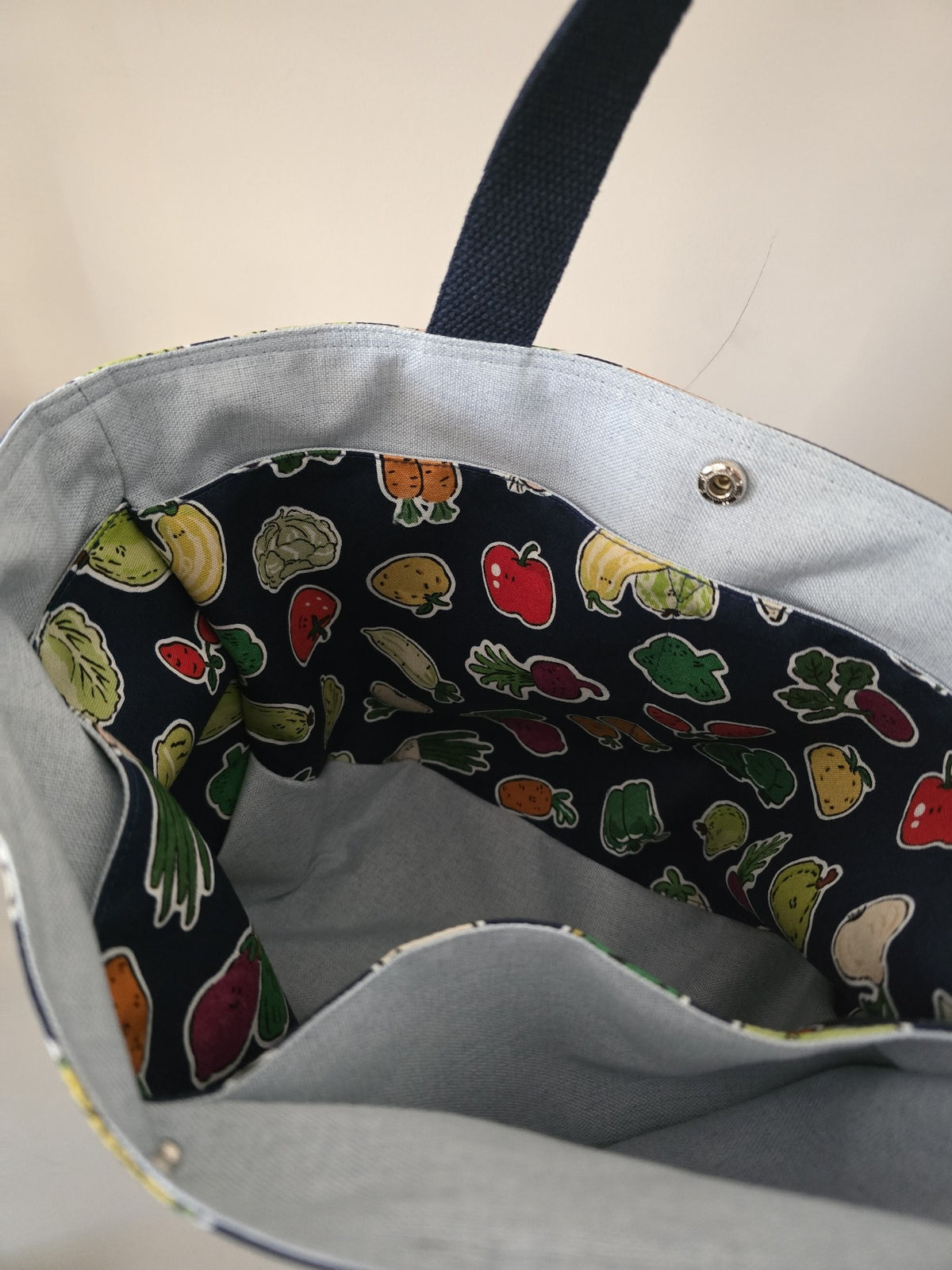 Navy Fruit Vegetable Print Tote Bag