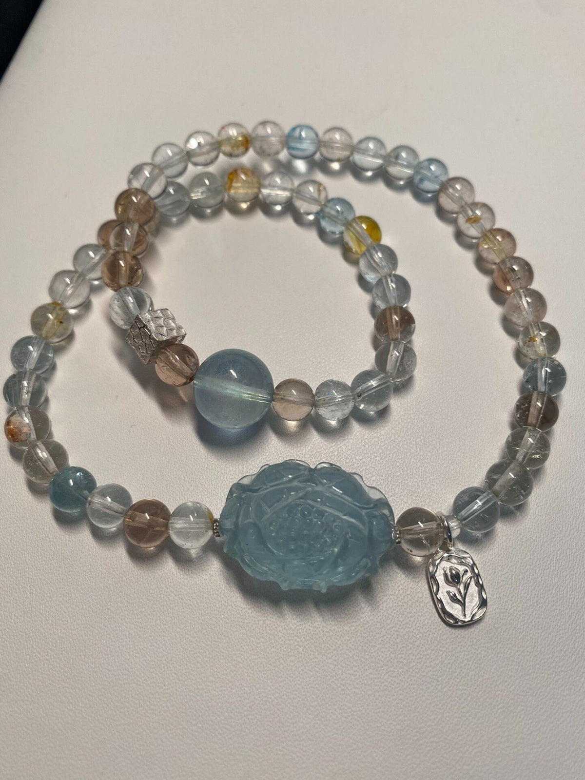 Topaz Double Loop Bracelet Aquamarine Carved