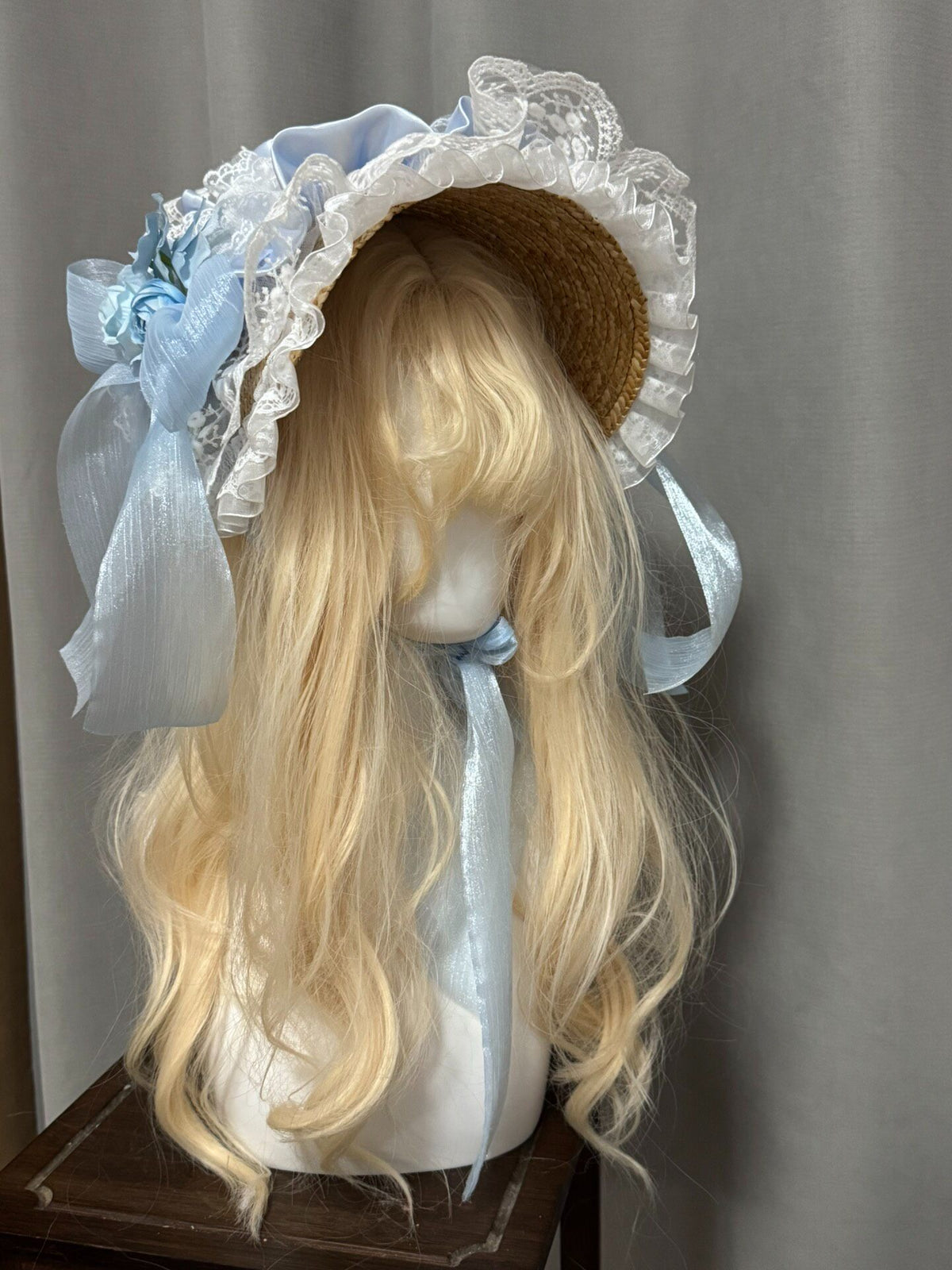 Handcrafted Blue Lace Bonnet Straw Hat
