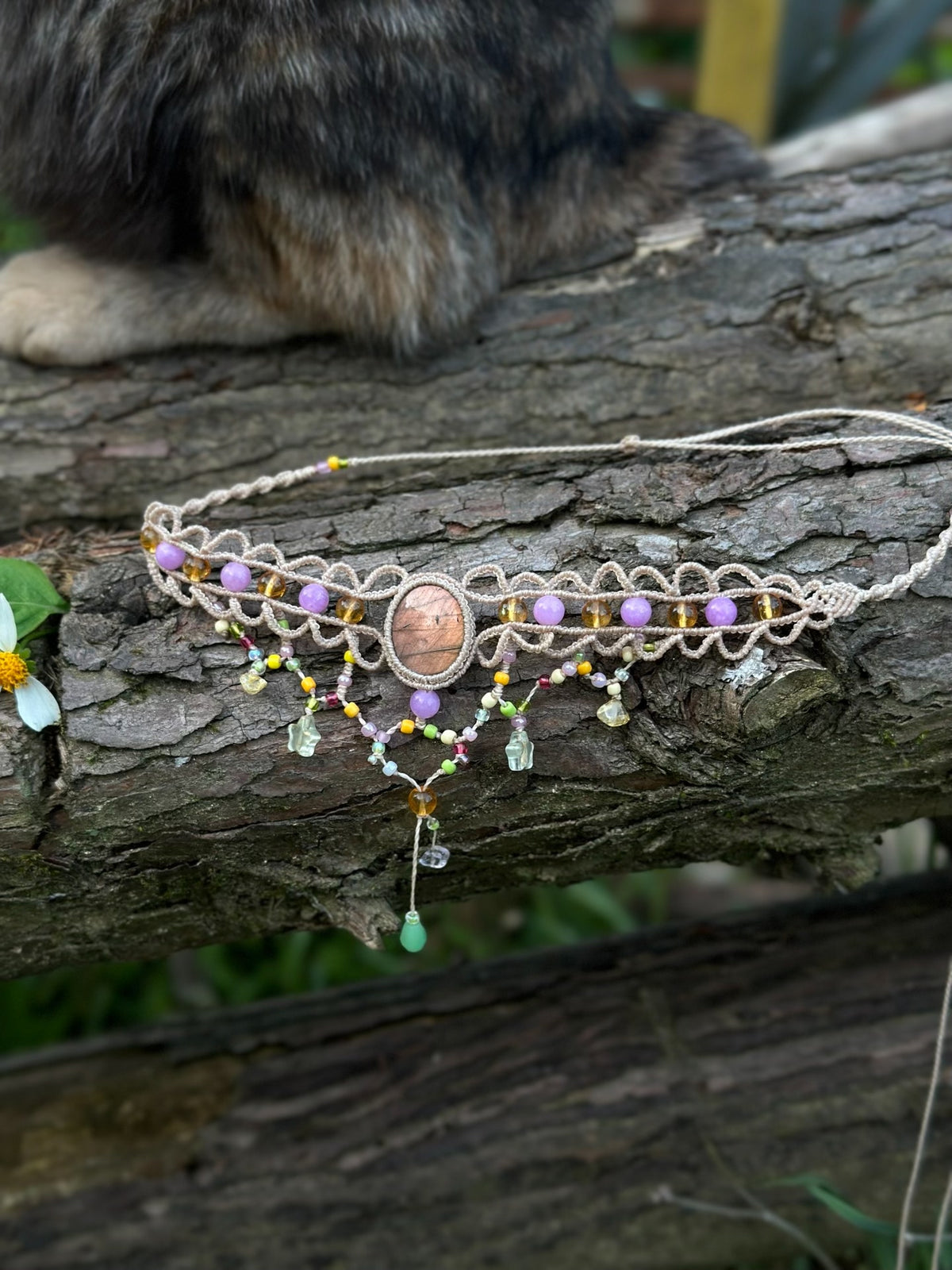 Pink Raw Stone Macrame Choker Necklace