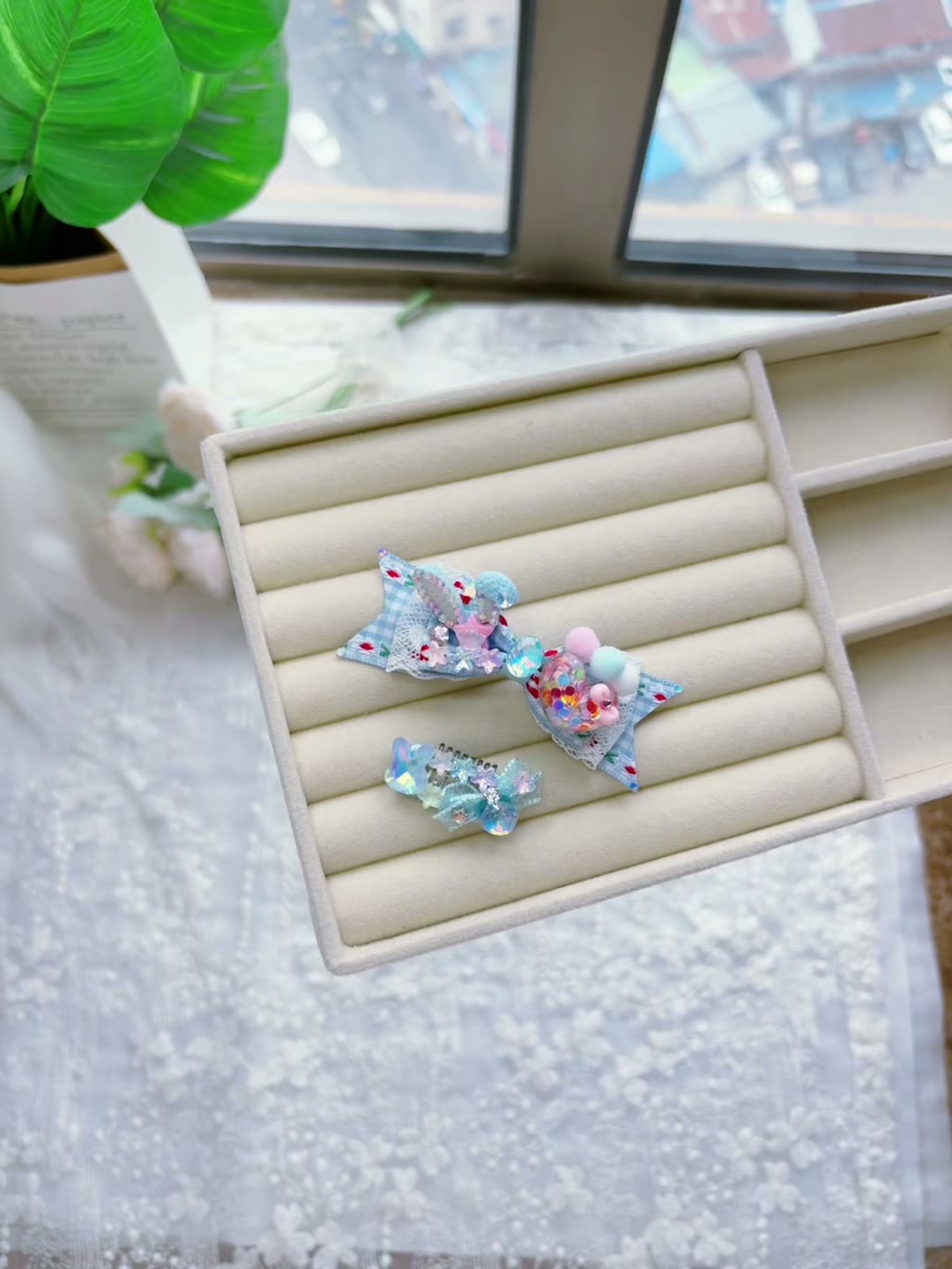 Handcrafted Blue Pet Hair Bow Clip Set