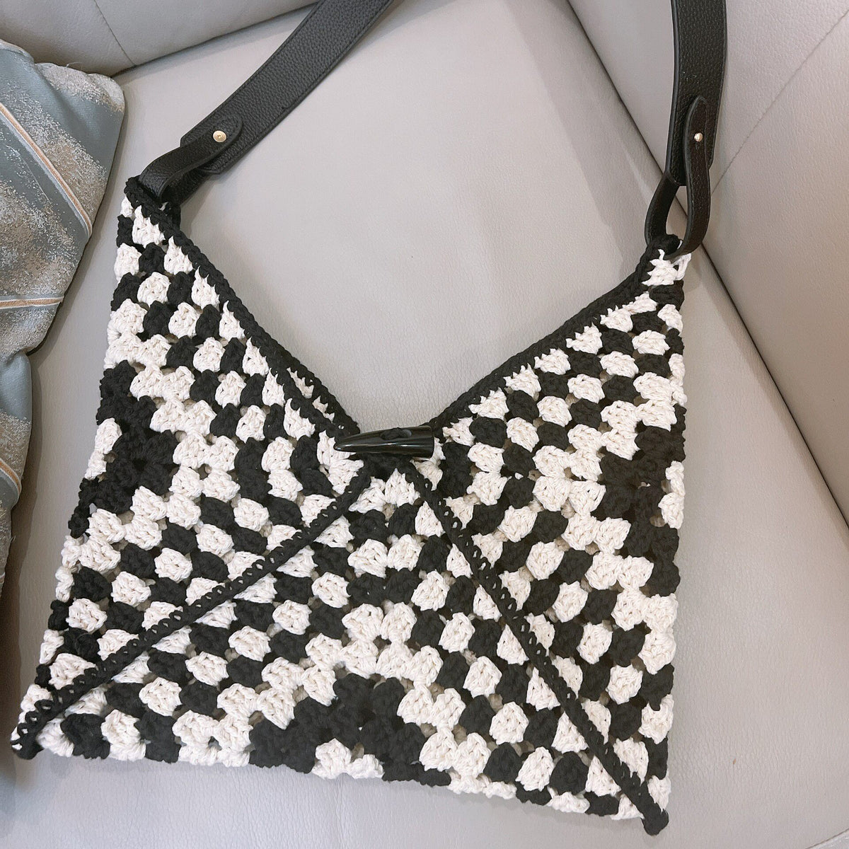 Handmade Crochet Bag Black White Toggle