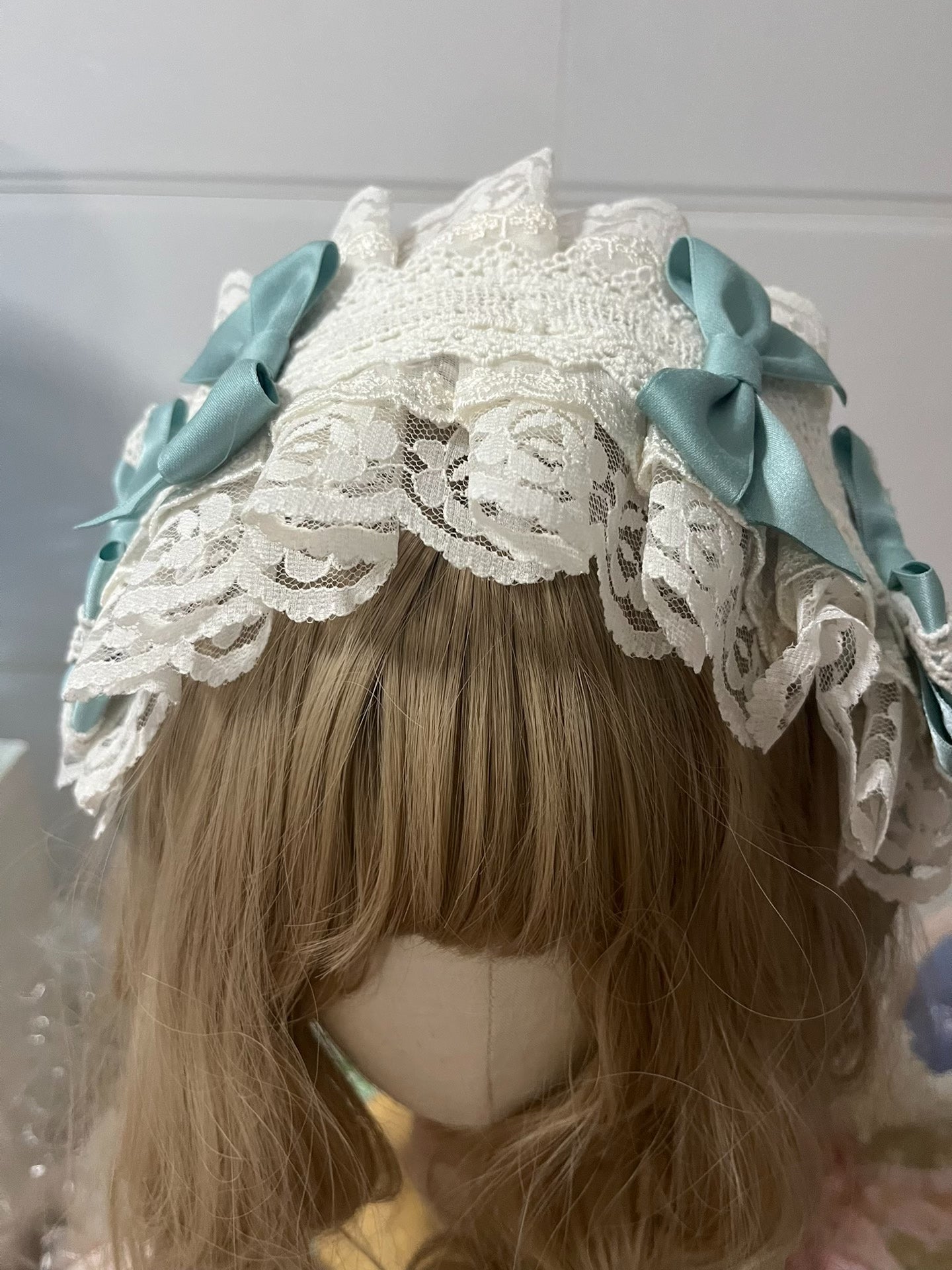Handmade Lolita Lace Hairband with Bean Green Satin Bows