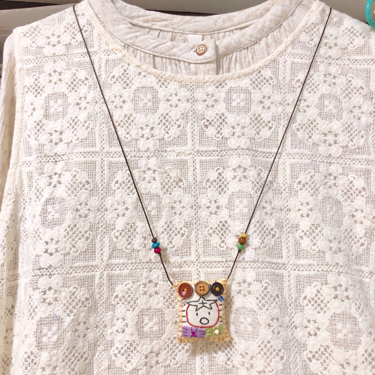 Handmade Hand Sewn Long Necklace Fabric Pendant