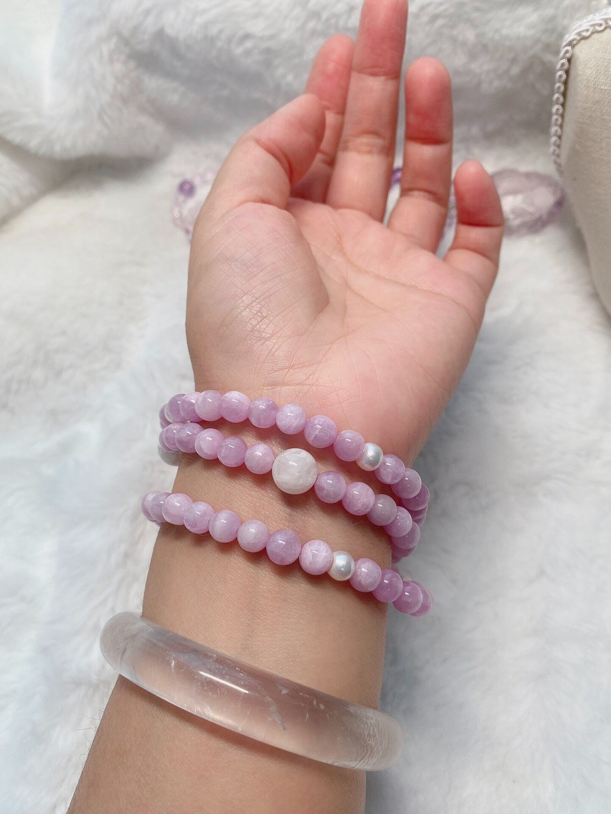 Triple Wrap Kunzite Quartz Pearl Bracelet