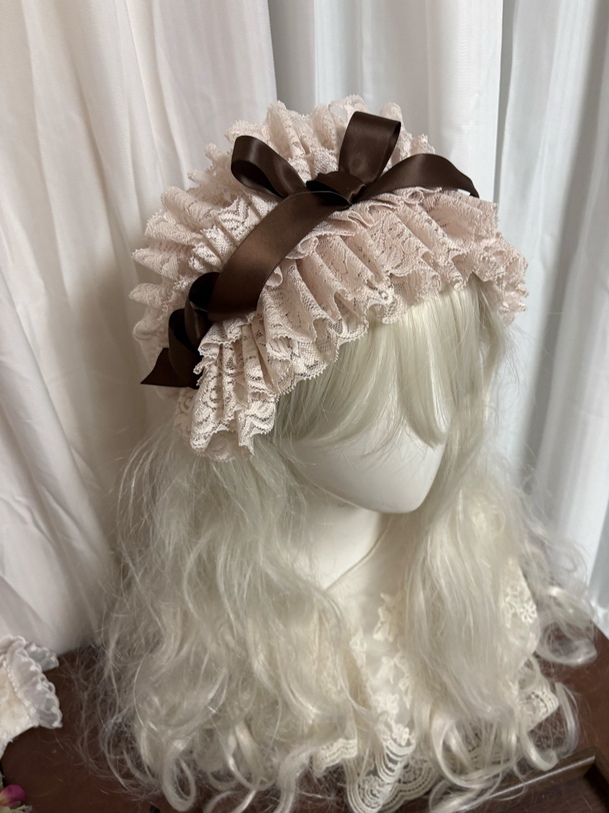 Handmade Beige Lace Ruffled Bonnet Headdress