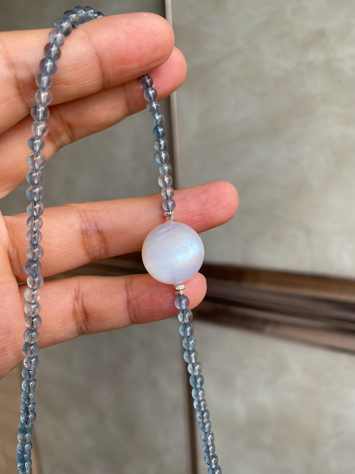 Aquamarine Blue Moonstone Beaded Necklace