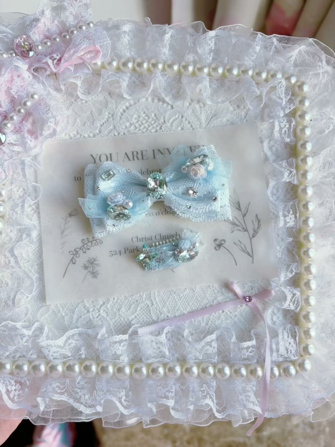 Blue Lace Crystal Bow Hair Clip