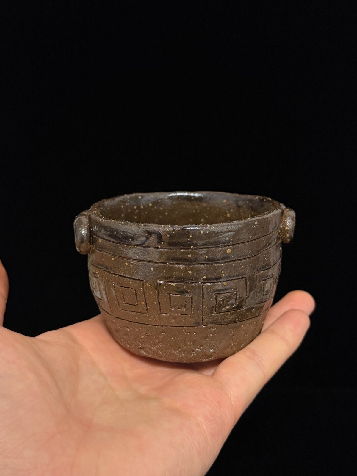 Wood-Fired Ceramic Cup with Greek Key Motif