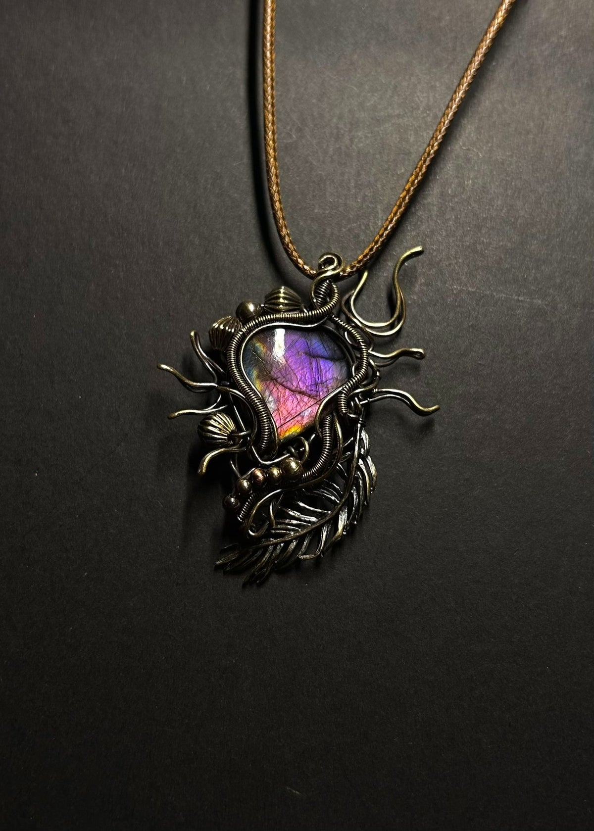 Labradorite Wire Wrapped Pendant Feather