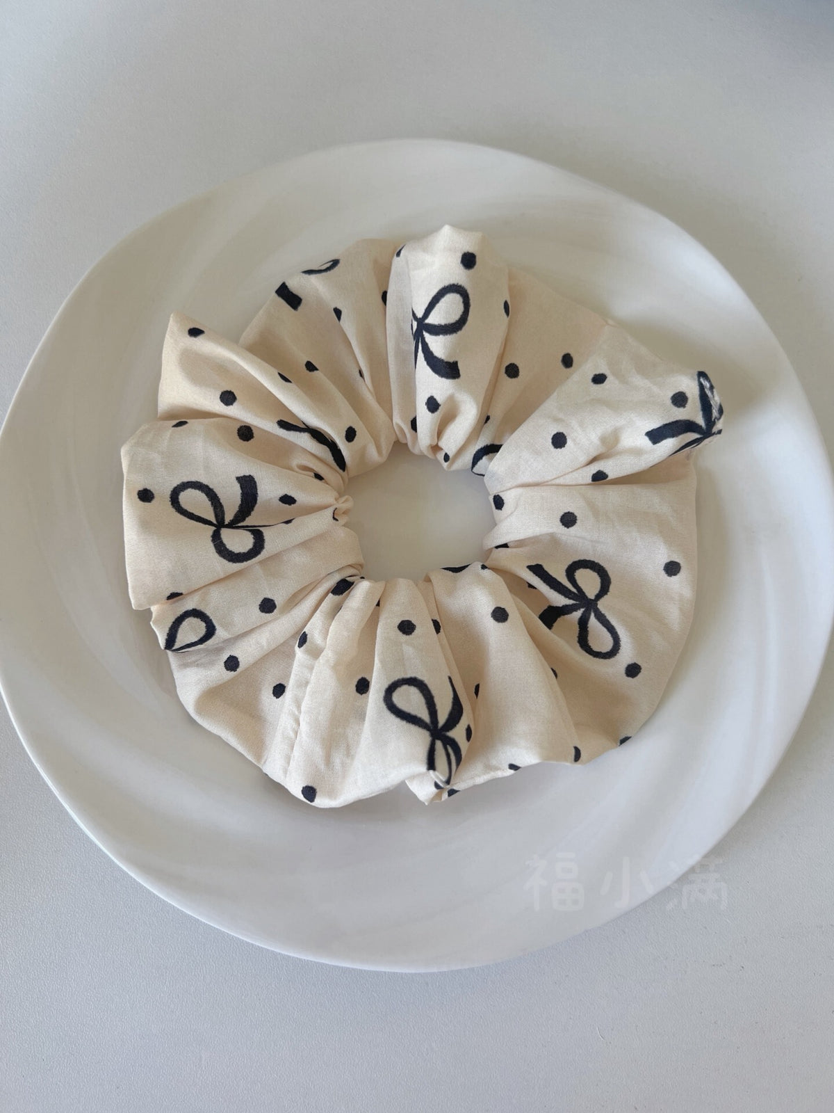 Beige Polka Dot Bow Print Hair Scrunchie