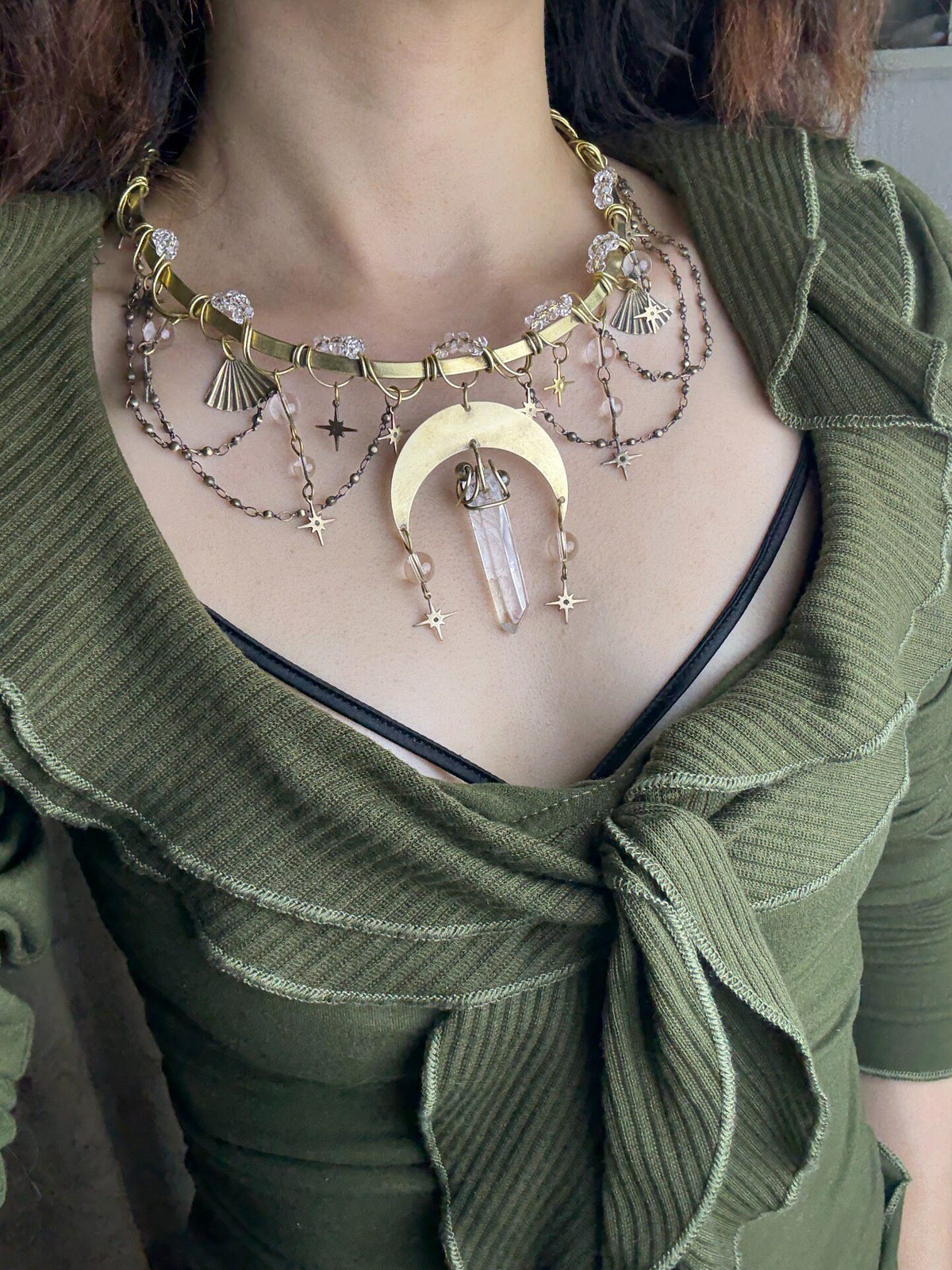 Handcrafted Brass Crystal Moon Necklace