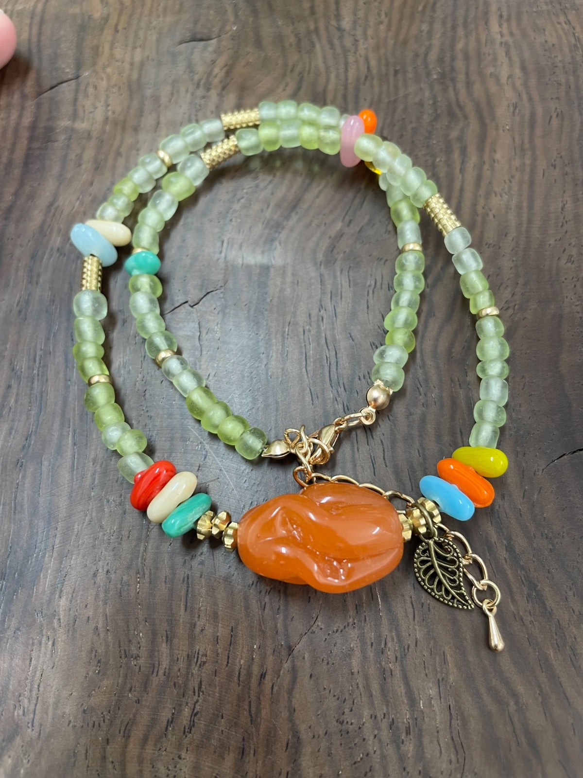 Pale Celadon Glass Beaded Necklace with Amber Pendant