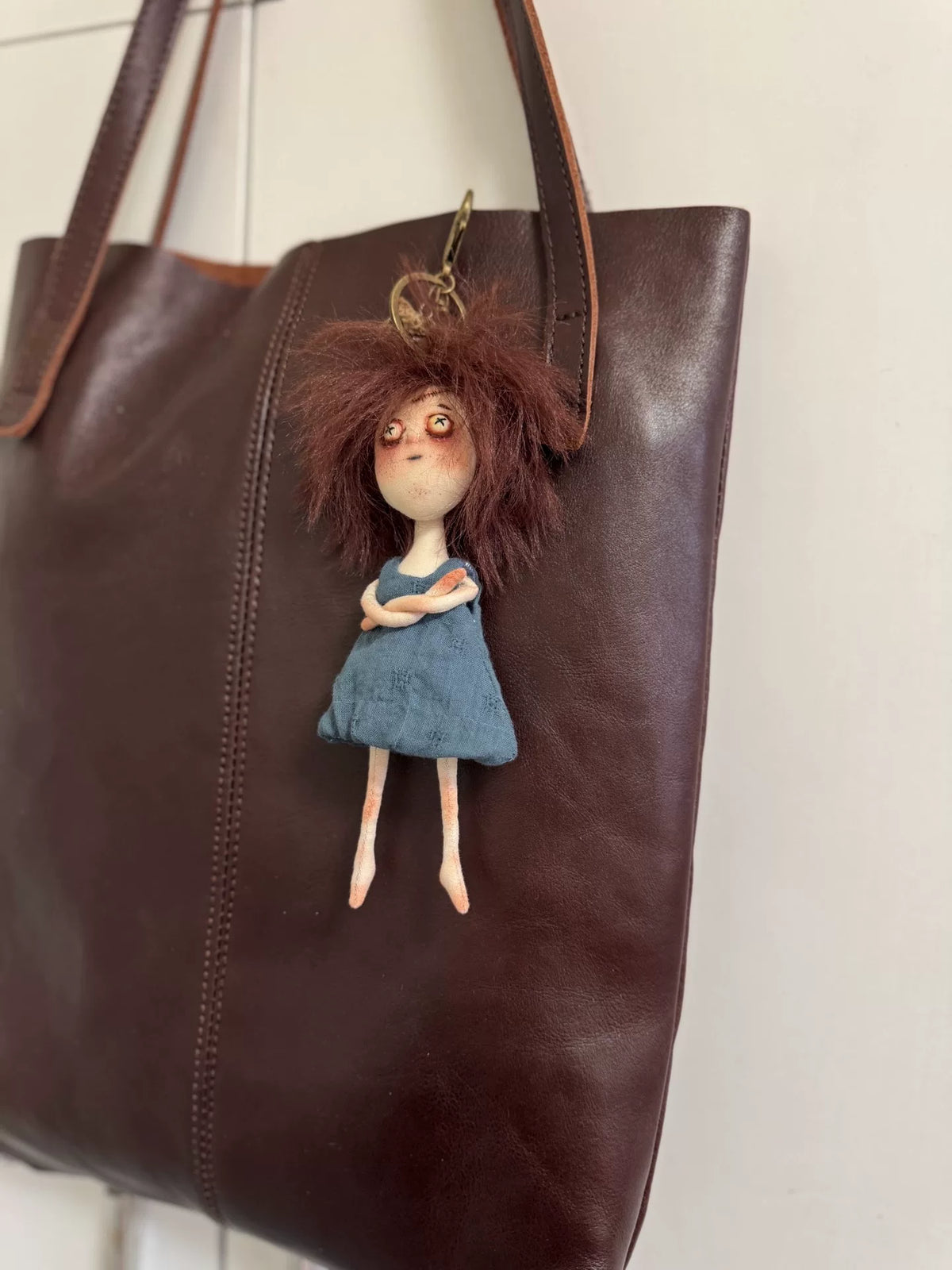 Handmade Fabric Keychain Doll with Blue Dress