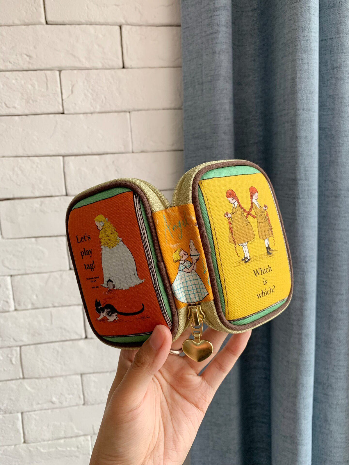 Book-Shaped Zippered Pouch with Vintage Illustration