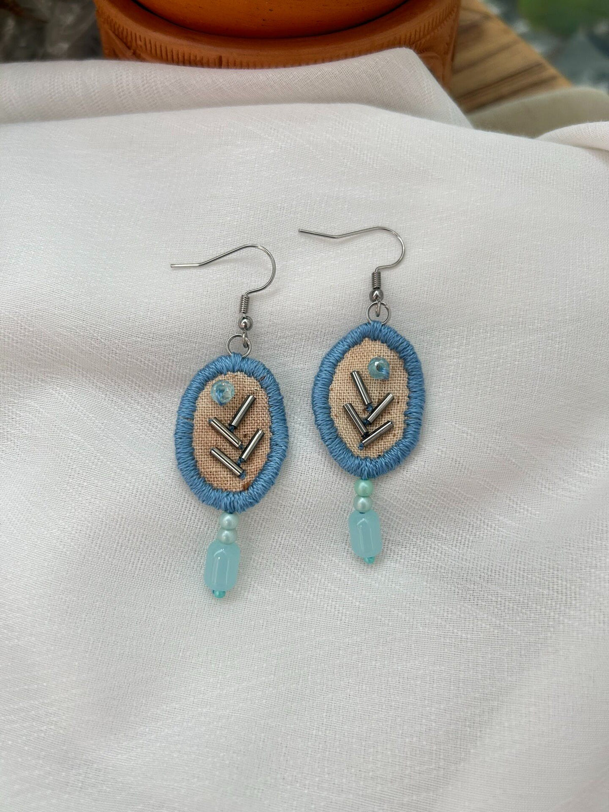 Handmade Fabric Earrings with Blue Beads