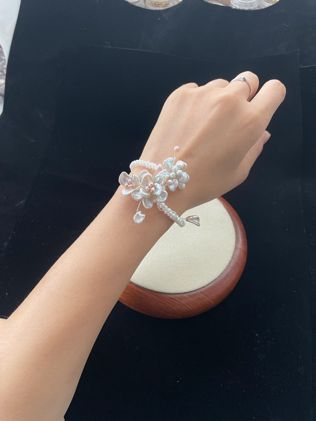 Natural Pearl Floral Open Cuff Bracelet