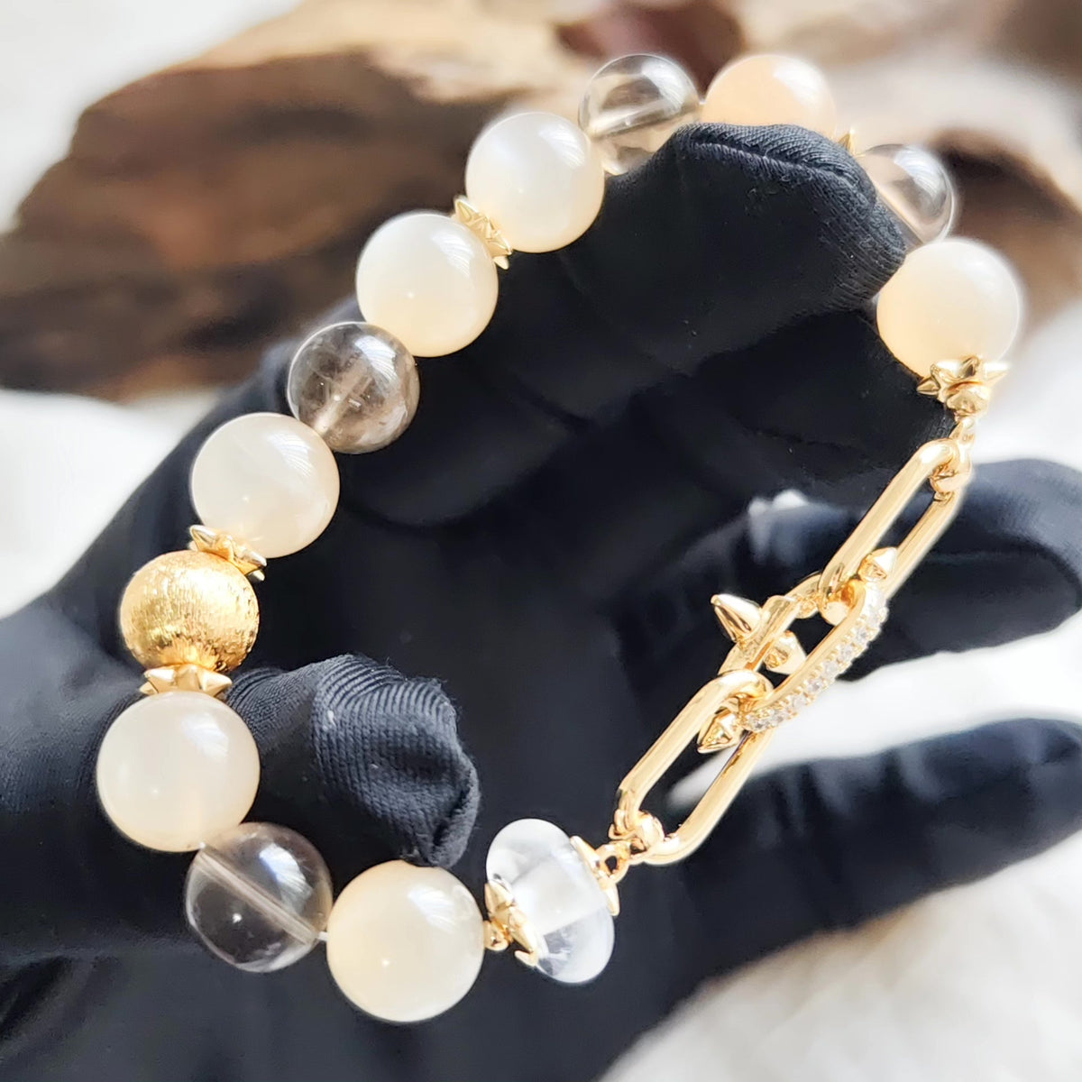 Milk Moonstone Smoky Quartz Bracelet 11mm