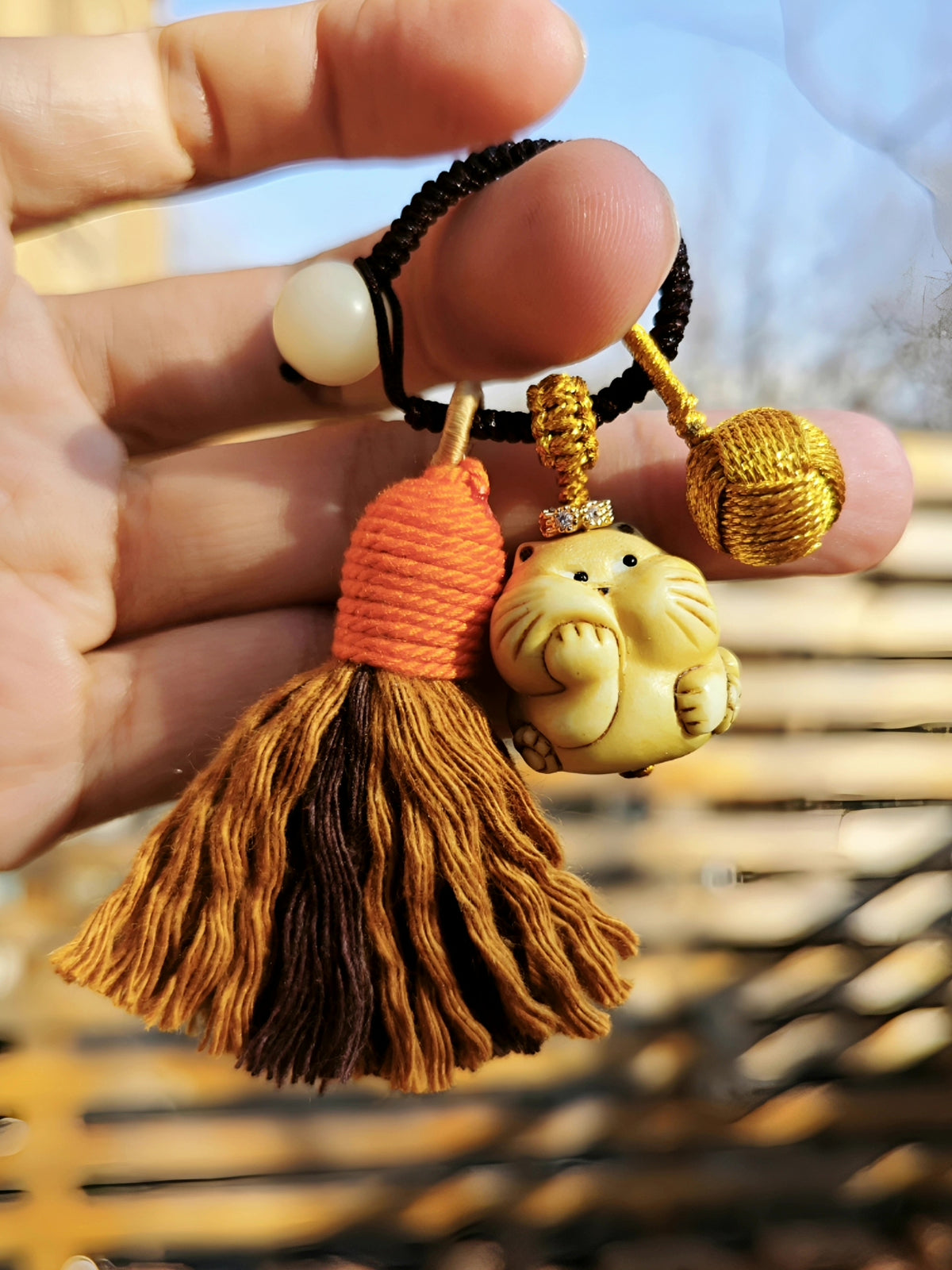 Carved Cat Charm Keychain with Tassel
