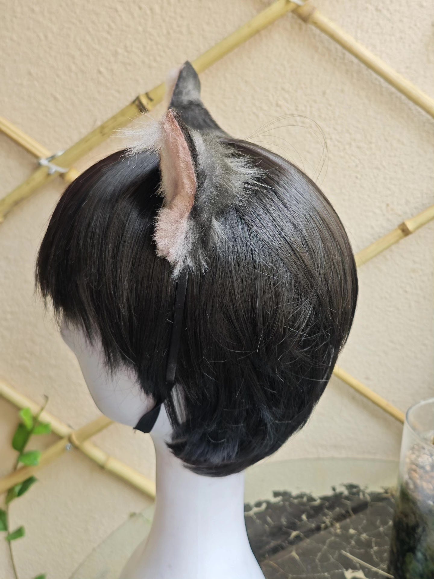 Handcrafted Tabby Cat Ears on Black Bob Wig - Realistic Style