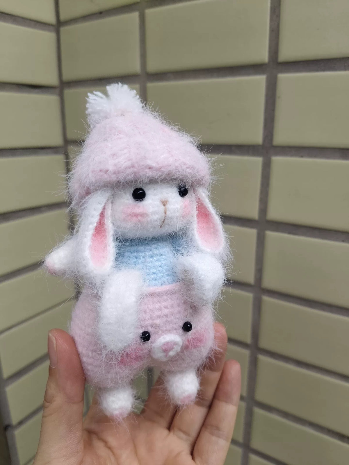 Handmade Crochet Rabbit Plush with Pig Figure