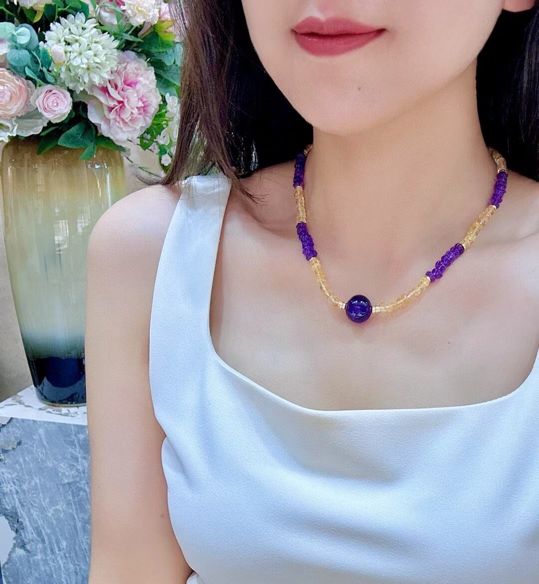 Multi-Strand Faceted Gemstone Necklace with 15.7mm Purple Focal Bead