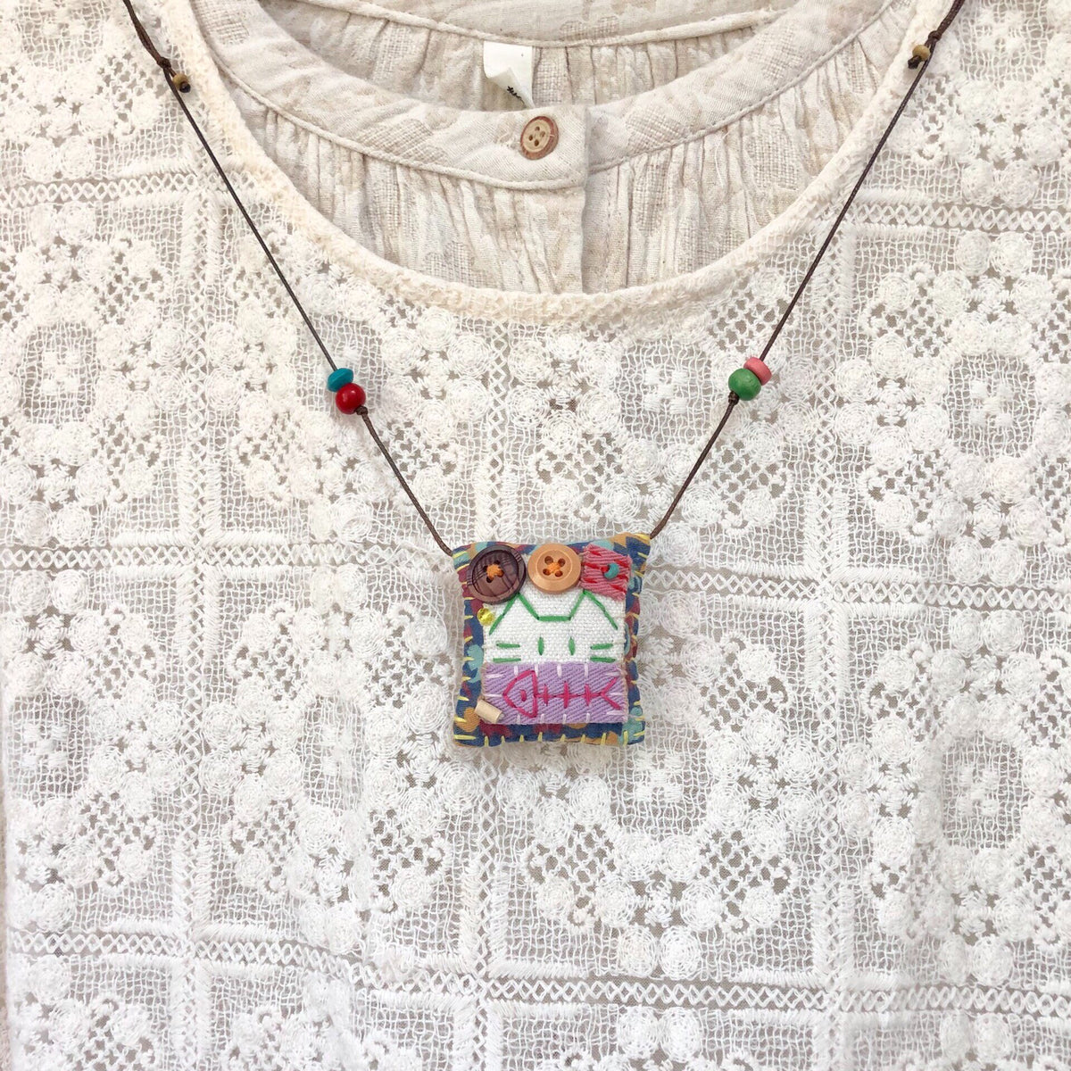 Cotton Fabric Cat and Fish Necklace