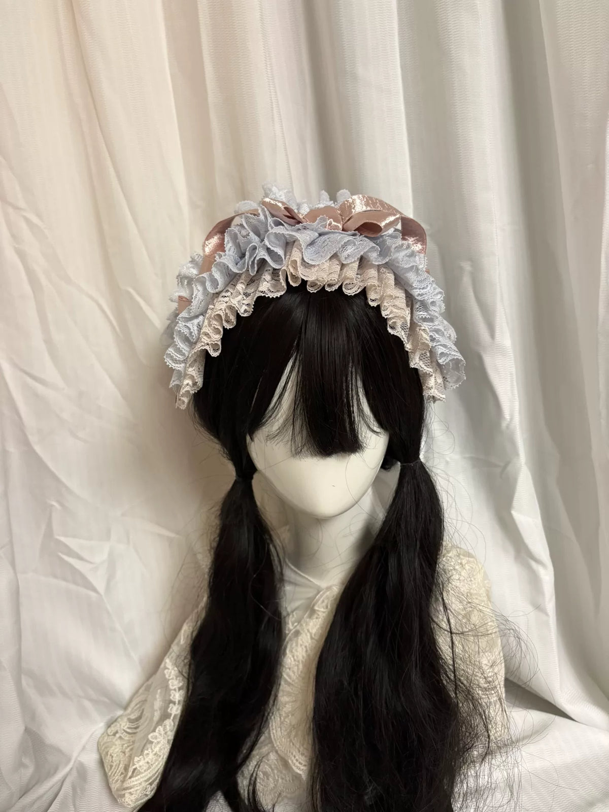Lace Ruffled Bonnet with Rose Gold Bows