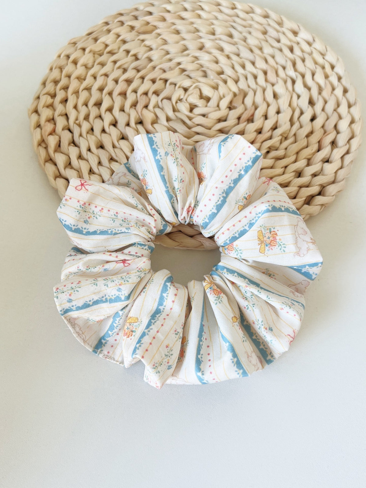 Blue Striped Floral Bunny Hair Scrunchie