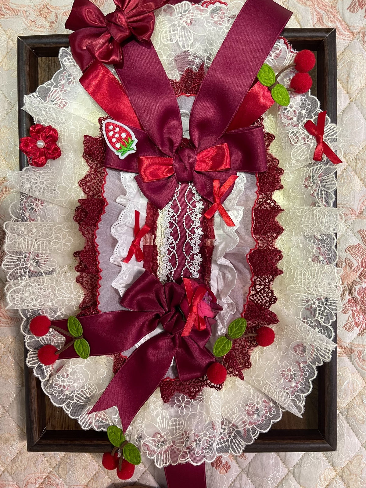 Wine Red Lace Lolita Flat Bonnet Handmade