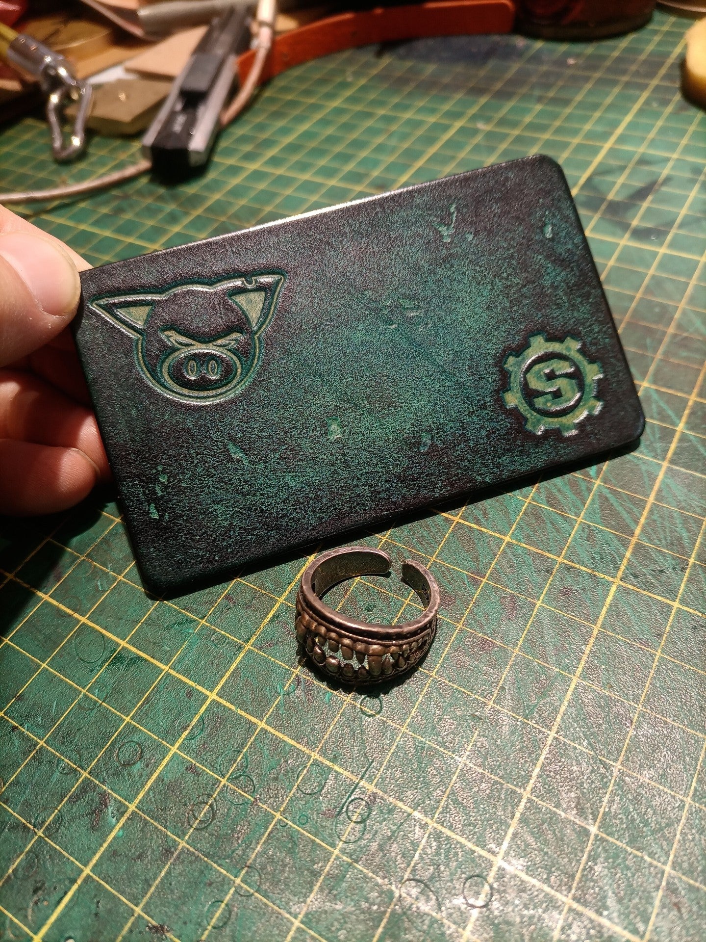 Leather Desk Pad with Embossed Pig and Gear Emblems