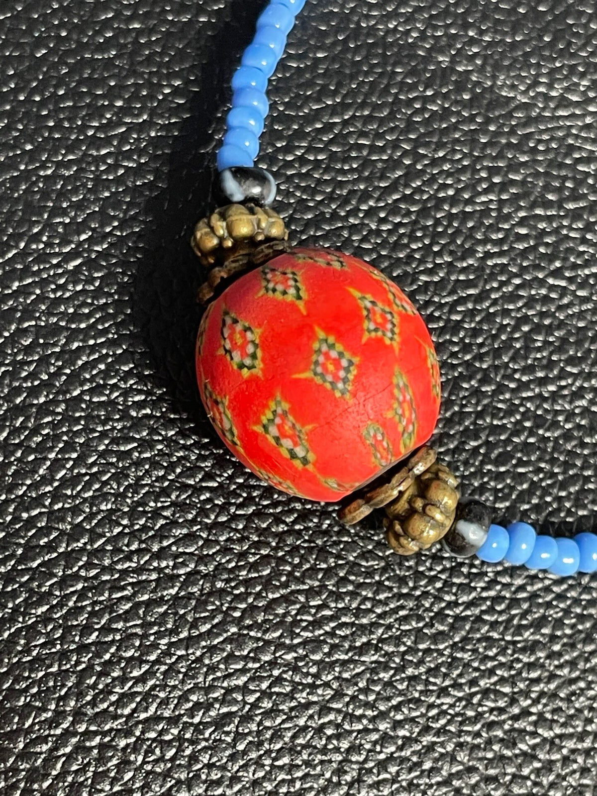 Sky Blue Bead Necklace with Red Center