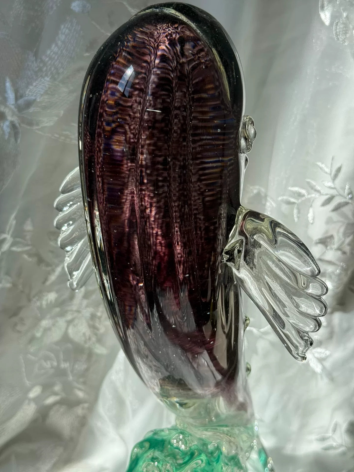 Sculpture Kunpeng en verre vintage violet et vert avec vagues