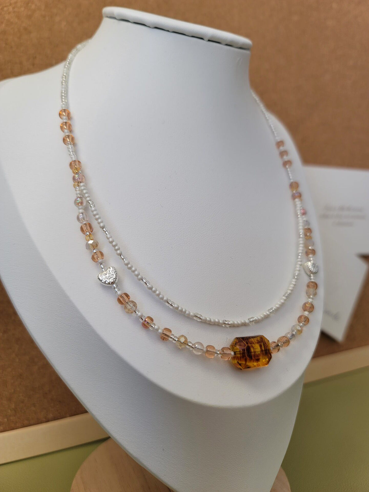 Handmade Double Layer Bead Necklace Amber Accent